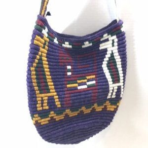 VTG Hand Woven Native Aztec Animal Motifs Satchel Bucket Bag Purple 11x14